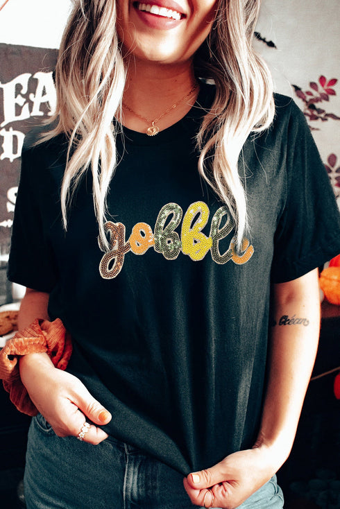 Sequin Gobble Letter Graphic Crew Neck Short Sleeve Tee