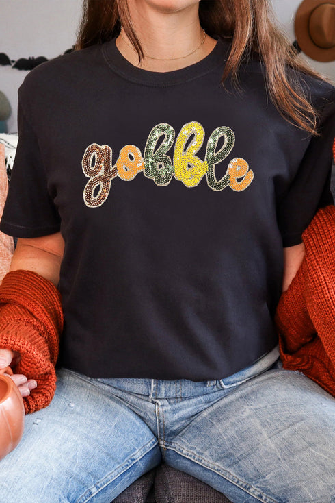 Sequin Gobble Letter Graphic Crew Neck Short Sleeve Tee