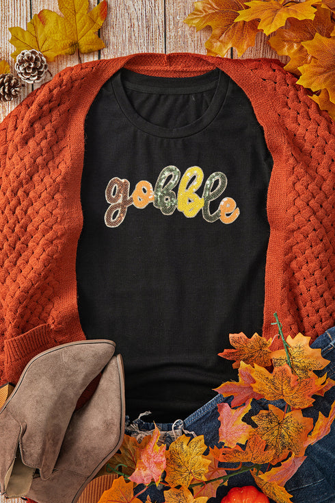 Sequin Gobble Letter Graphic Crew Neck Short Sleeve Tee