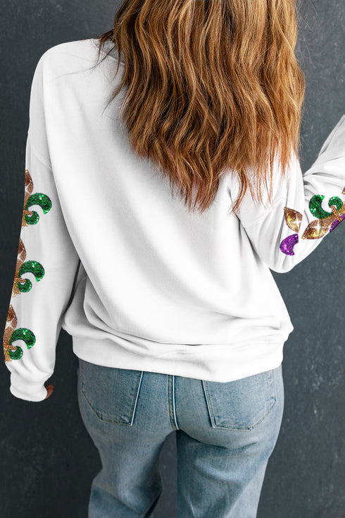 Sequin Graphic Fleur De Lis Crew Neck Sweatshirt
