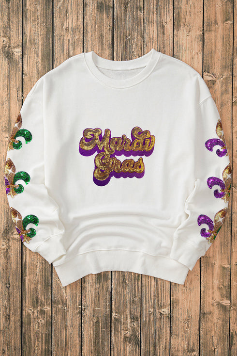 Sequin Graphic Fleur De Lis Crew Neck Sweatshirt