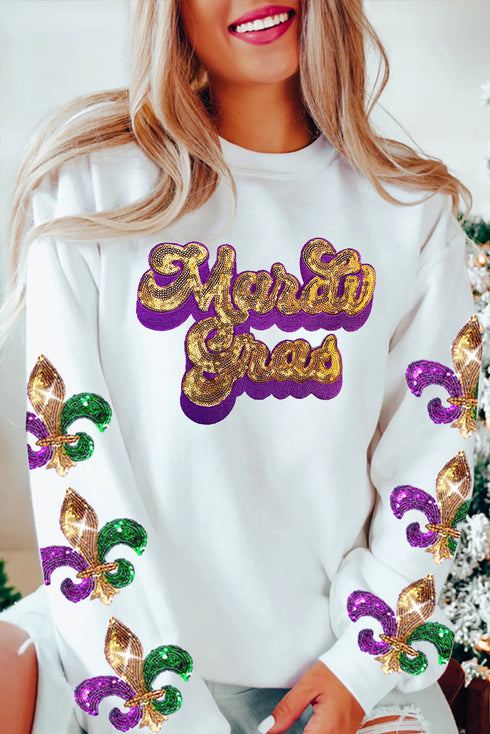 Sequin Graphic Fleur De Lis Crew Neck Sweatshirt