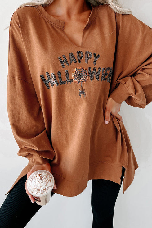 Sequin Graphic Notched Neck Long Sleeve Loose Tee