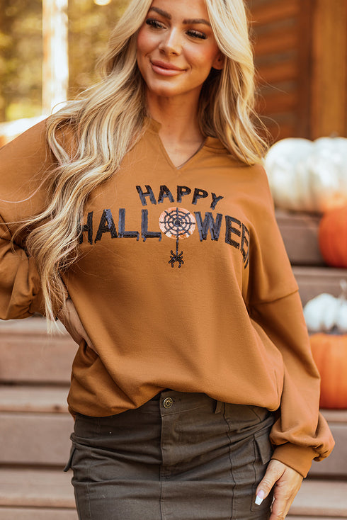 Sequin Graphic Notched Neck Long Sleeve Loose Tee