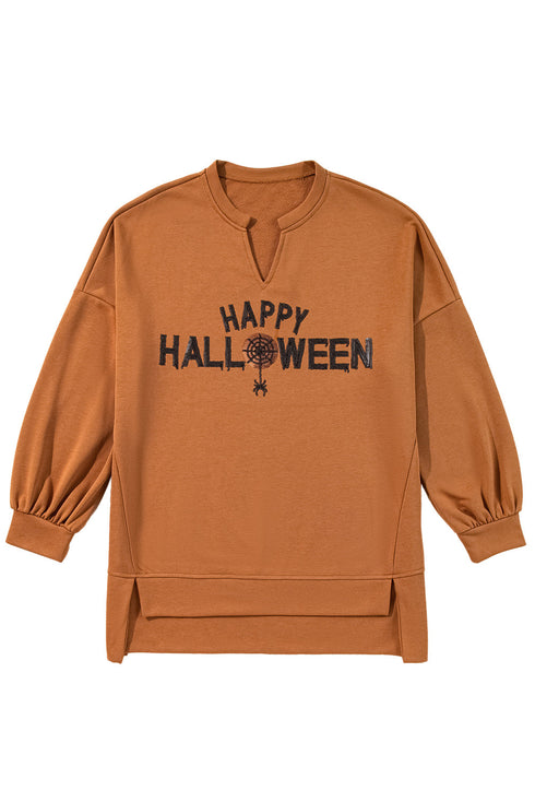 Sequin Graphic Notched Neck Long Sleeve Loose Tee