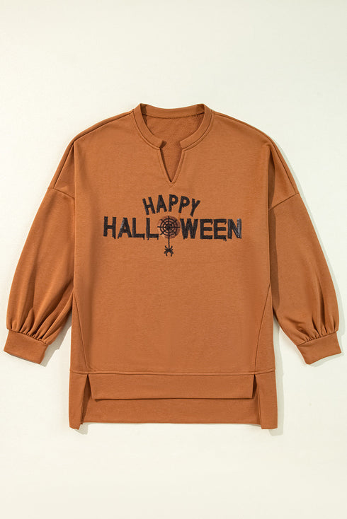 Sequin Graphic Notched Neck Long Sleeve Loose Tee
