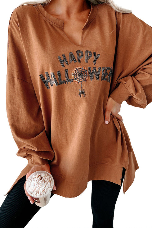 Sequin Graphic Notched Neck Long Sleeve Loose Tee
