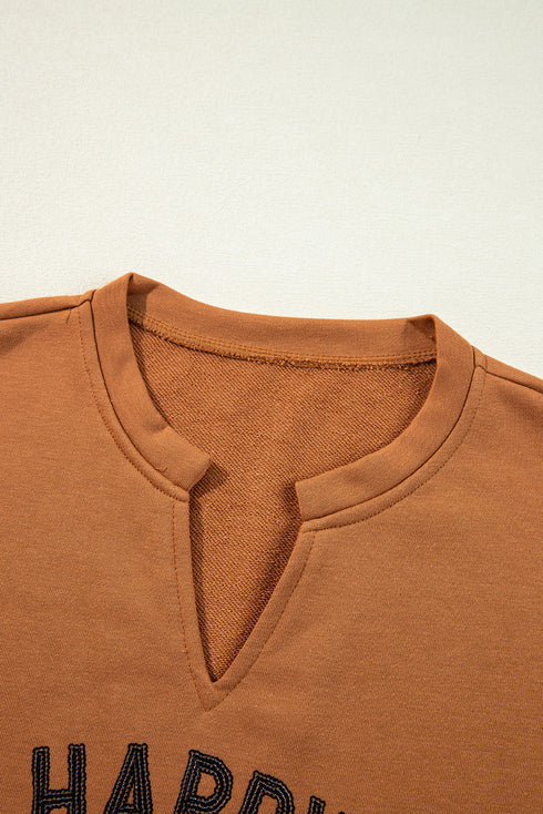 Sequin Graphic Notched Neck Long Sleeve Loose Tee