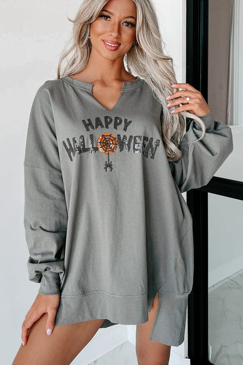 Sequin Graphic Notched Neck Long Sleeve Loose Tee