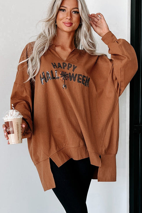 Sequin Graphic Notched Neck Long Sleeve Loose Tee
