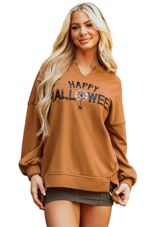 Sequin Graphic Notched Neck Long Sleeve Loose Tee