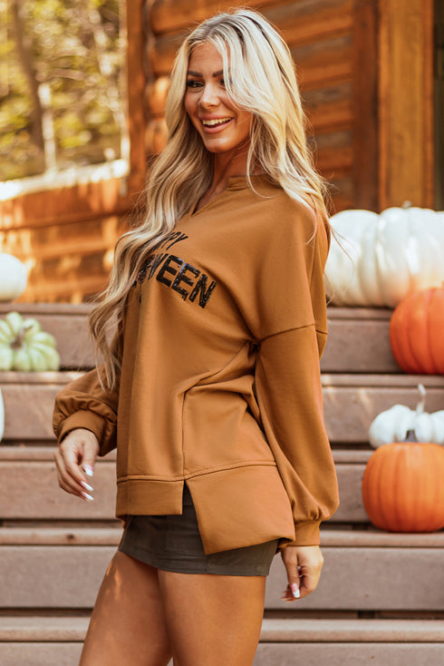 Sequin Graphic Notched Neck Long Sleeve Loose Tee
