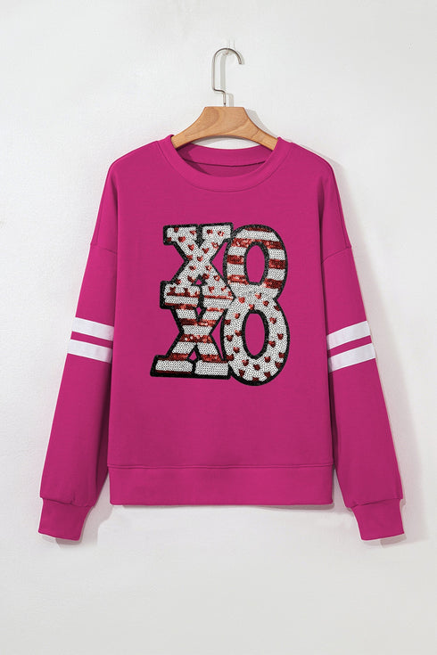Sequin Graphic Varsity Stripe Crew Neck Sweatshirt