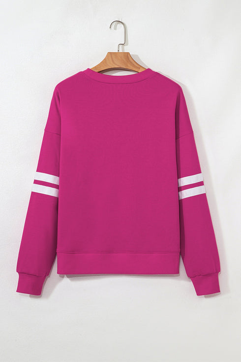 Sequin Graphic Varsity Stripe Crew Neck Sweatshirt
