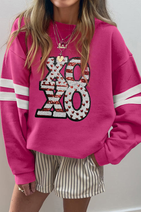Sequin Graphic Varsity Stripe Crew Neck Sweatshirt