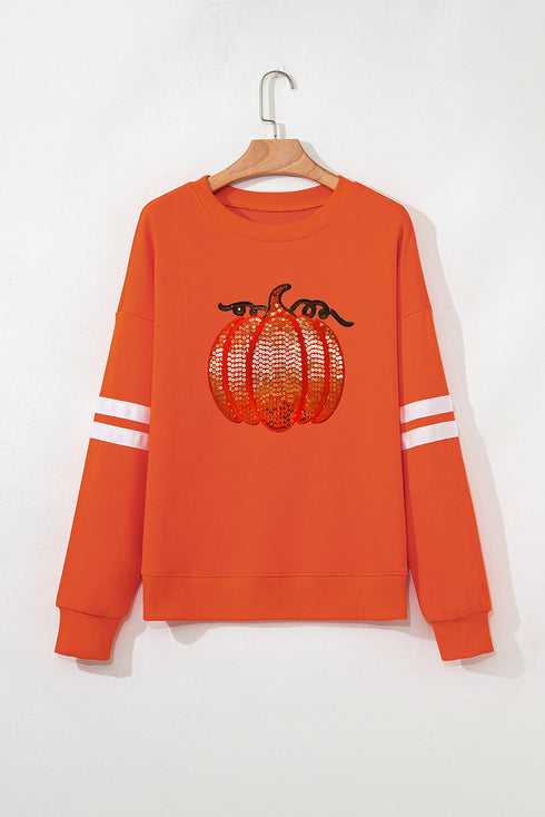 Sequin Graphic Varsity Stripe Drop Shoulder Crewneck Sweatshirt