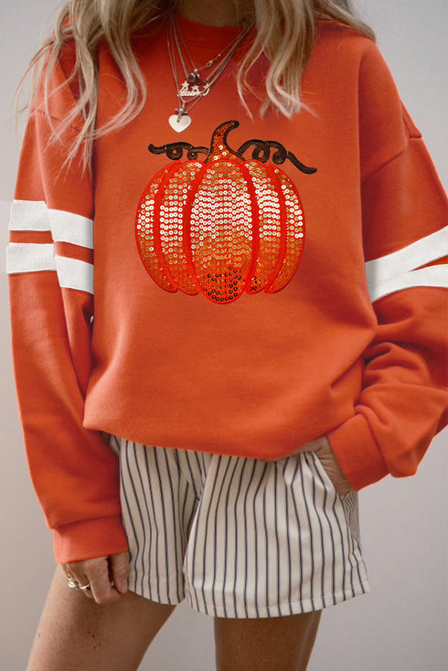Sequin Graphic Varsity Stripe Drop Shoulder Crewneck Sweatshirt