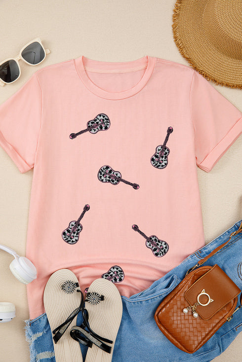 Sequin Guitar Graphic Crew Neck Short Sleeve Tee