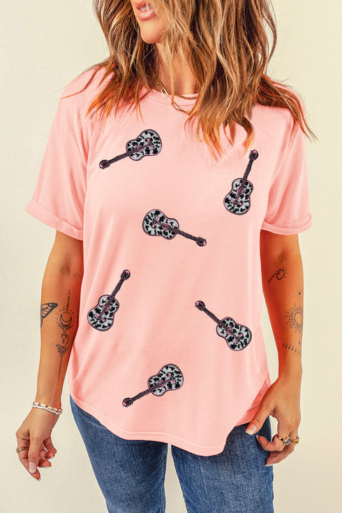 Sequin Guitar Graphic Crew Neck Short Sleeve Tee