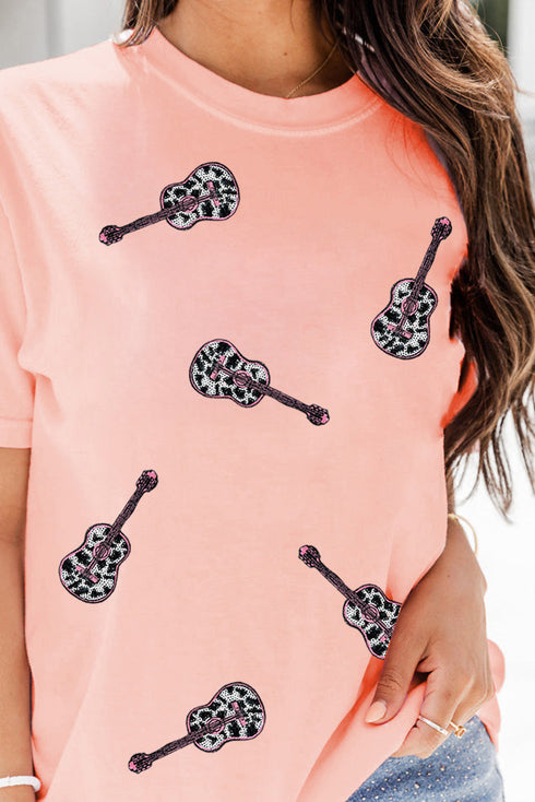 Sequin Guitar Graphic Crew Neck Short Sleeve Tee