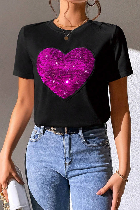 Sequin Heart Embellished Short Sleeve Graphic Tee