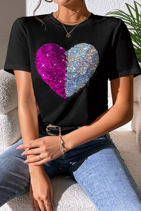 Sequin Heart Embellished Short Sleeve Graphic Tee