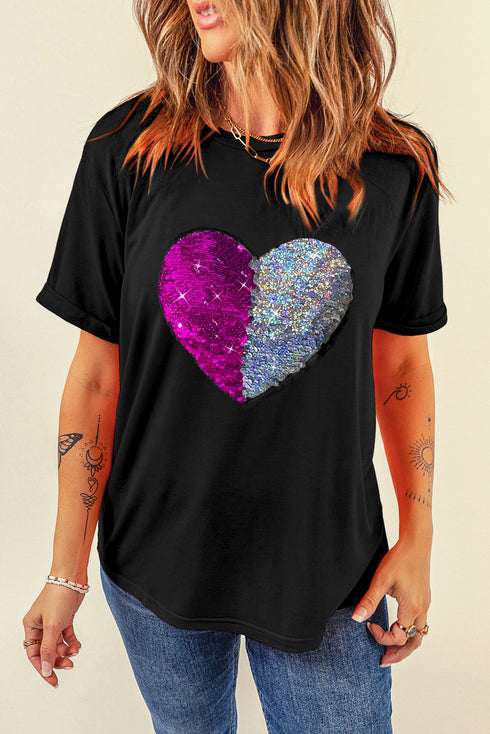 Sequin Heart Embellished Short Sleeve Graphic Tee