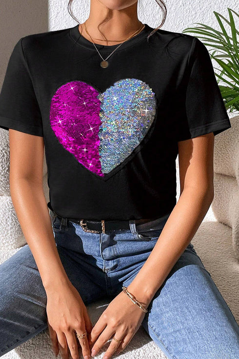 Sequin Heart Embellished Short Sleeve Graphic Tee