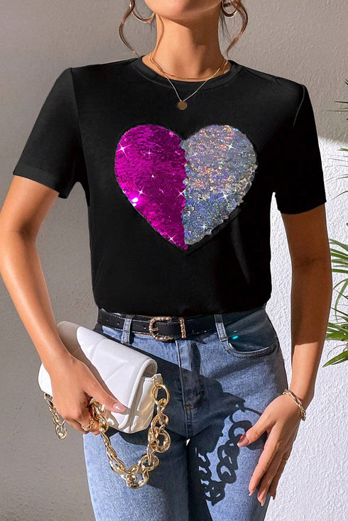 Sequin Heart Embellished Short Sleeve Graphic Tee