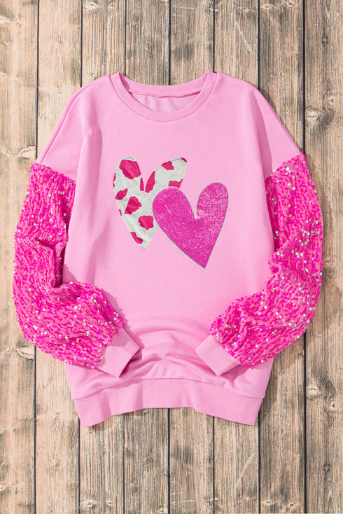 Sequin Heart Graphic Patchwork Long Sleeve Top
