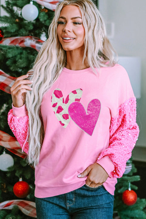 Sequin Heart Graphic Patchwork Long Sleeve Top