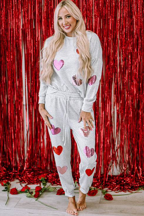 Sequin Heart Graphic Pullover And Jogger Lounge Set