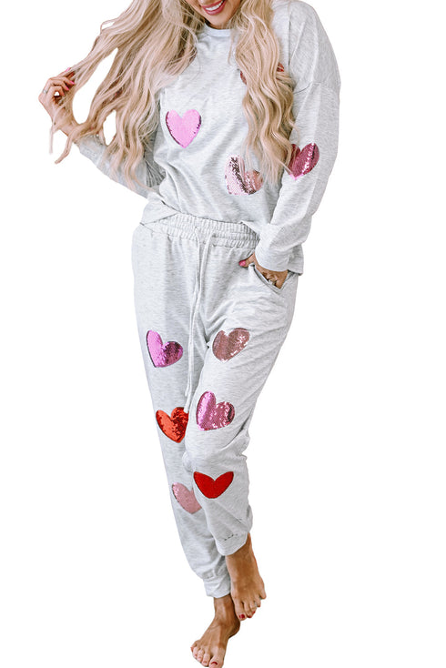 Sequin Heart Graphic Pullover And Jogger Lounge Set