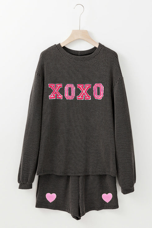 Sequin Heart Letter Print Corded Long Sleeve Graphic Sets