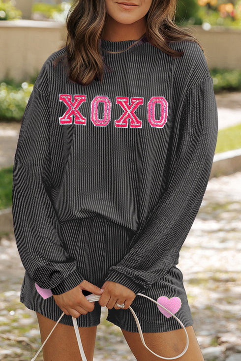 Sequin Heart Letter Print Corded Long Sleeve Graphic Sets