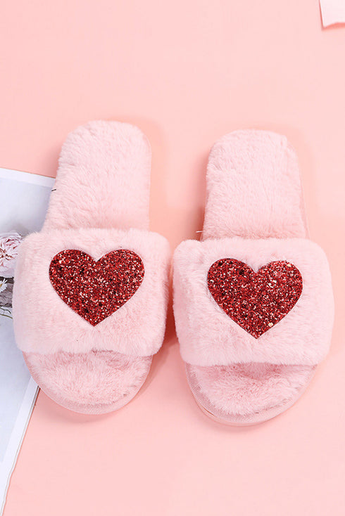 Sequin Heart Motif Plush Fleece Slip On Slippers