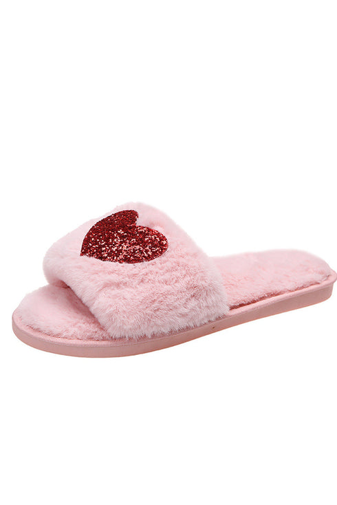 Sequin Heart Motif Plush Fleece Slip On Slippers
