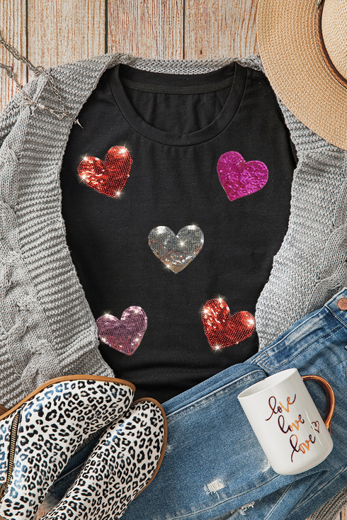 Sequin Heart Patch Short Sleeve Crewneck Tee