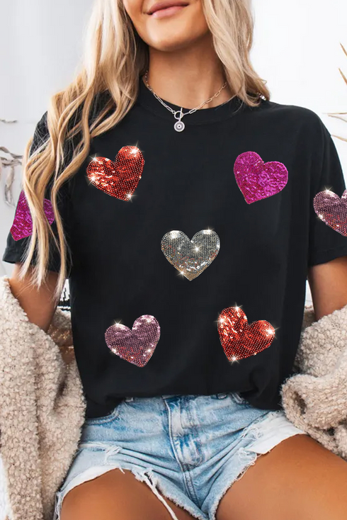 Sequin Heart Patch Short Sleeve Crewneck Tee