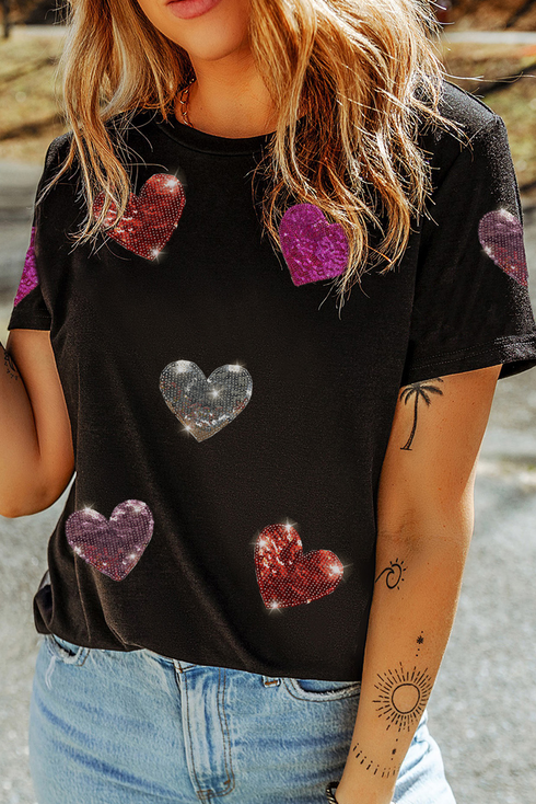 Sequin Heart Patch Short Sleeve Crewneck Tee