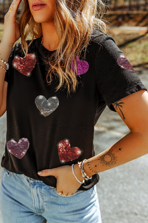 Sequin Heart Patch Short Sleeve Crewneck Tee