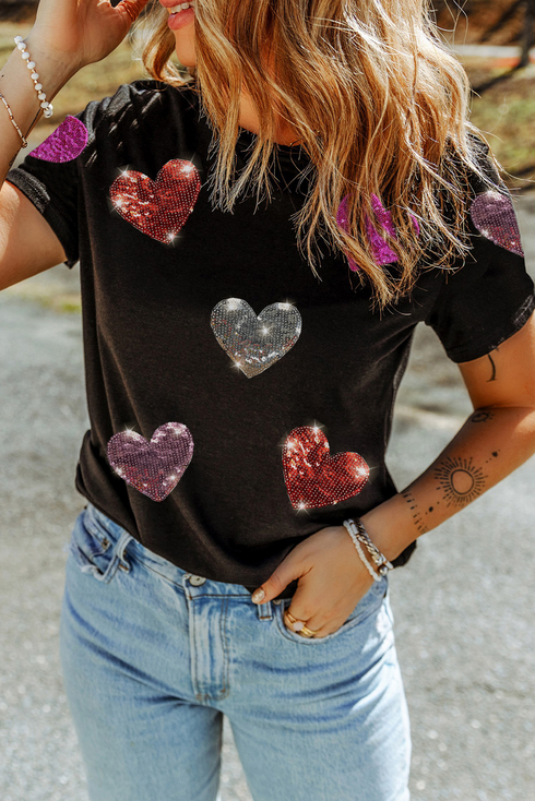 Sequin Heart Patch Short Sleeve Crewneck Tee