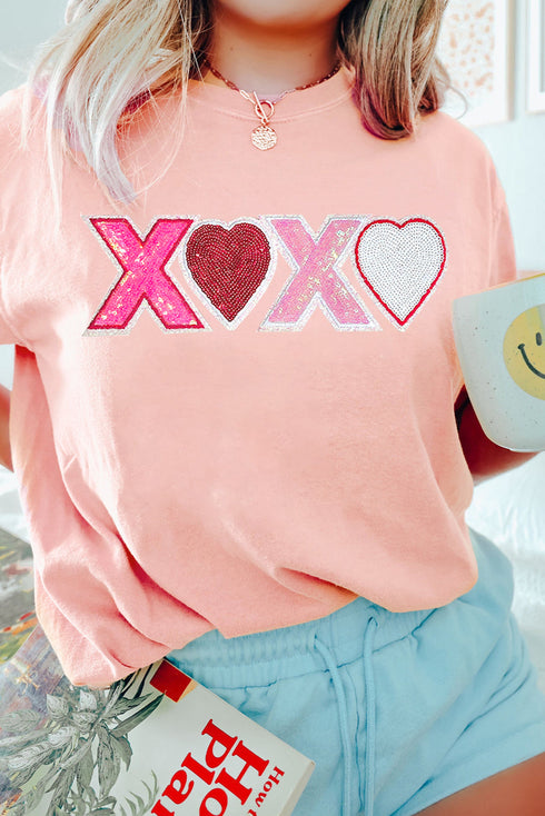 Sequin Heart Patch XOXO Graphic Short Sleeve Tee
