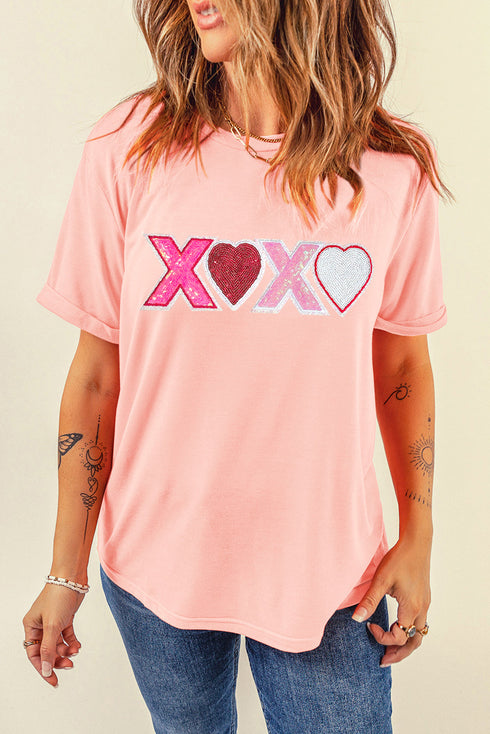 Sequin Heart Patch XOXO Graphic Short Sleeve Tee