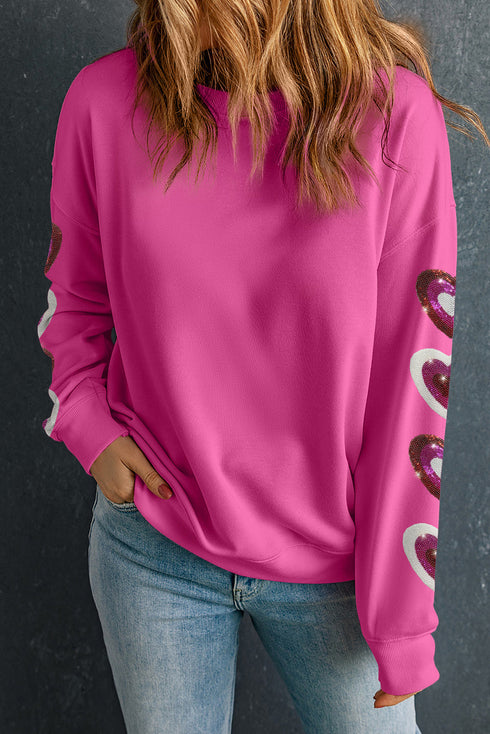 Sequin Heart Sleeve Crew Neck Pullover Sweatshirt