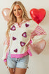 Sequin Heart Stripe Pattern Collared Split Hem Graphic Sweatshirt
