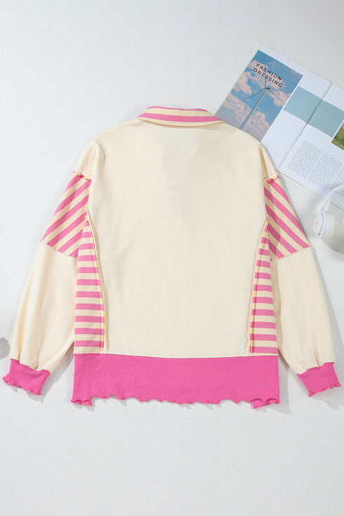 Sequin Heart Stripe Pattern Collared Split Hem Graphic Sweatshirt