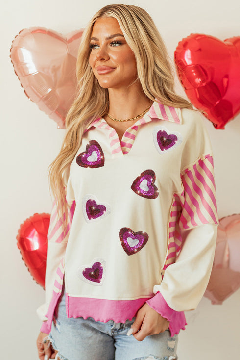 Sequin Heart Stripe Pattern Collared Split Hem Graphic Sweatshirt