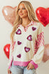 Sequin Heart Stripe Pattern Collared Split Hem Graphic Sweatshirt