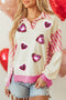 Sequin Heart Stripe Pattern Collared Split Hem Graphic Sweatshirt